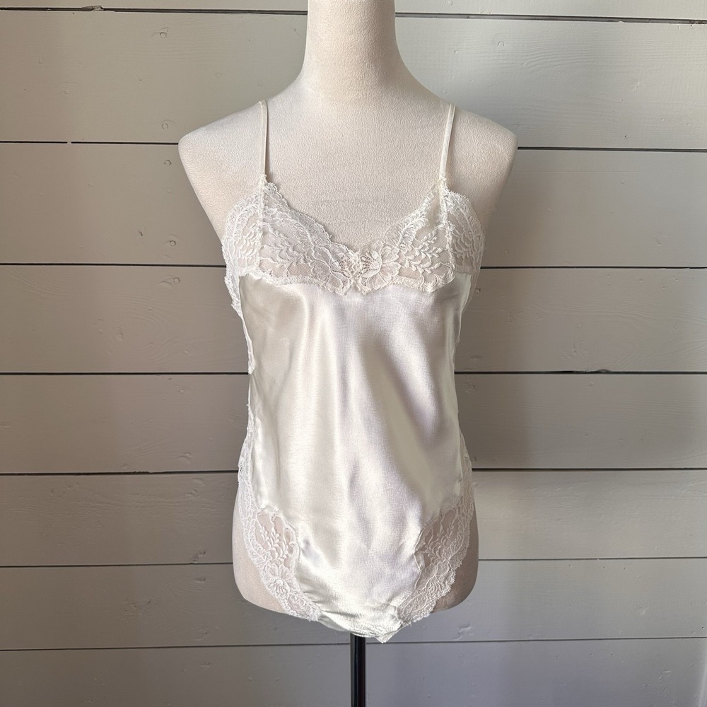 Vtg Victoria's Secret Gold Label Ivory Satin Teddy M Bodysuit Lace Bridal